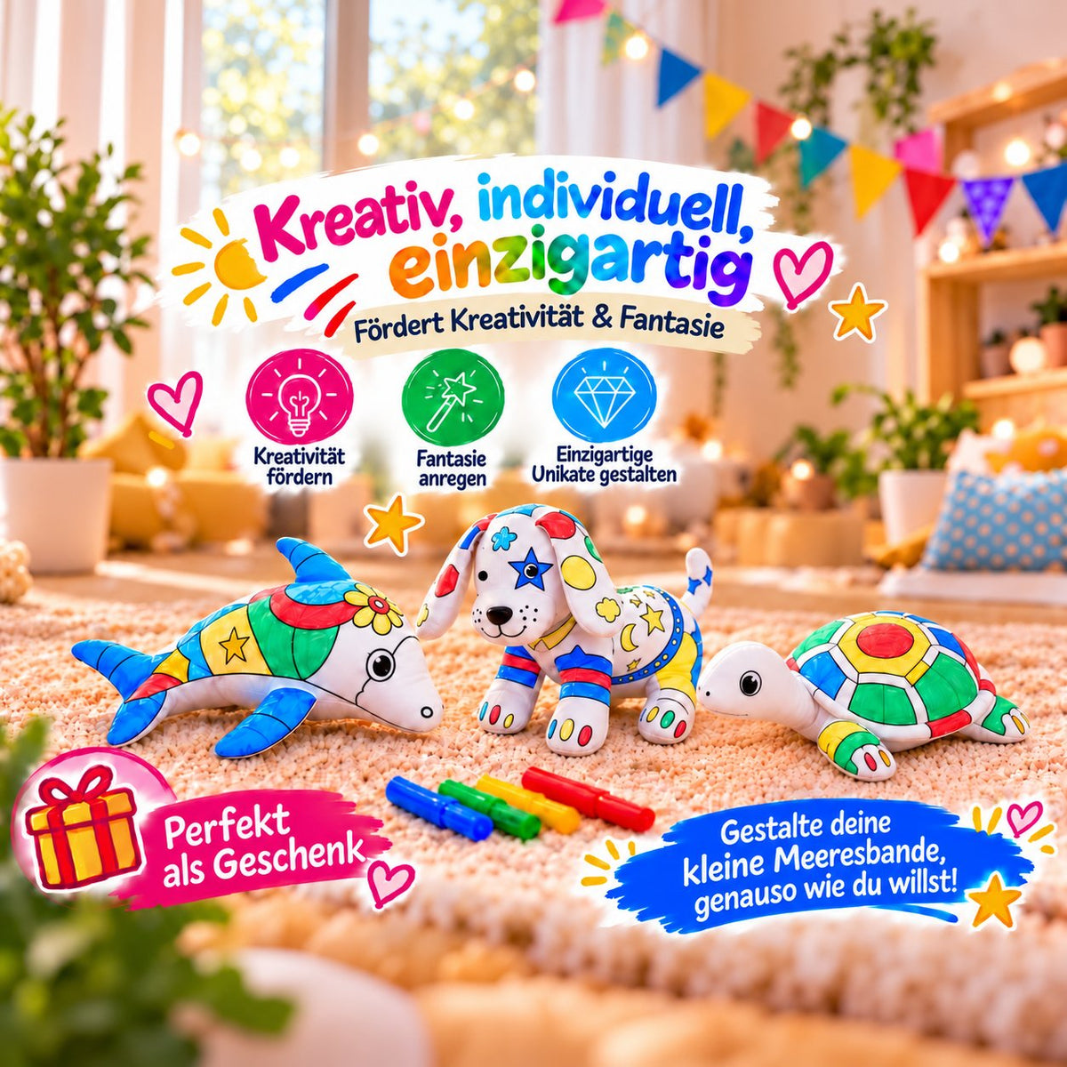 Bunt bemalte Kuscheltiere Hund, Schildkröte und Delphin mit Filzstiften, Hinweise auf Kreativität, Fantasie und Geschenkidee