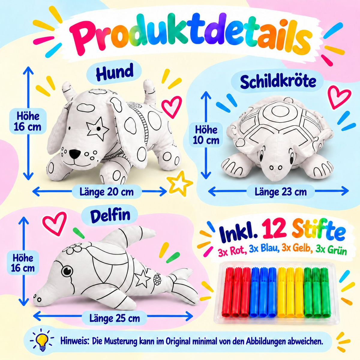 Produktdetails mit Größenangaben der Kuscheltiere Hund, Schildkröte und Delphin, inklusive 12 Filzstiften in Rot, Blau, Gelb und Grün