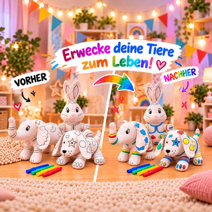 Vorher-Nachher: unbemalte und bunt bemalte Kuscheltiere Hase, Hund und Elefant