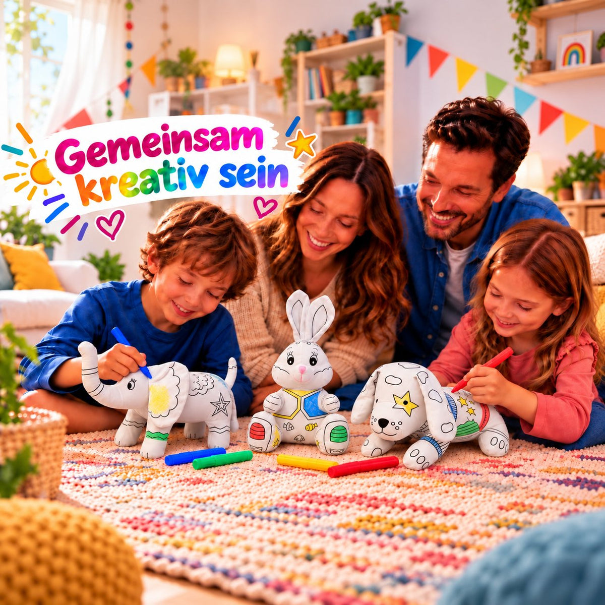 Familie malt gemeinsam Kuscheltiere an: Hase, Hund und Elefant und bunte Filzstifte