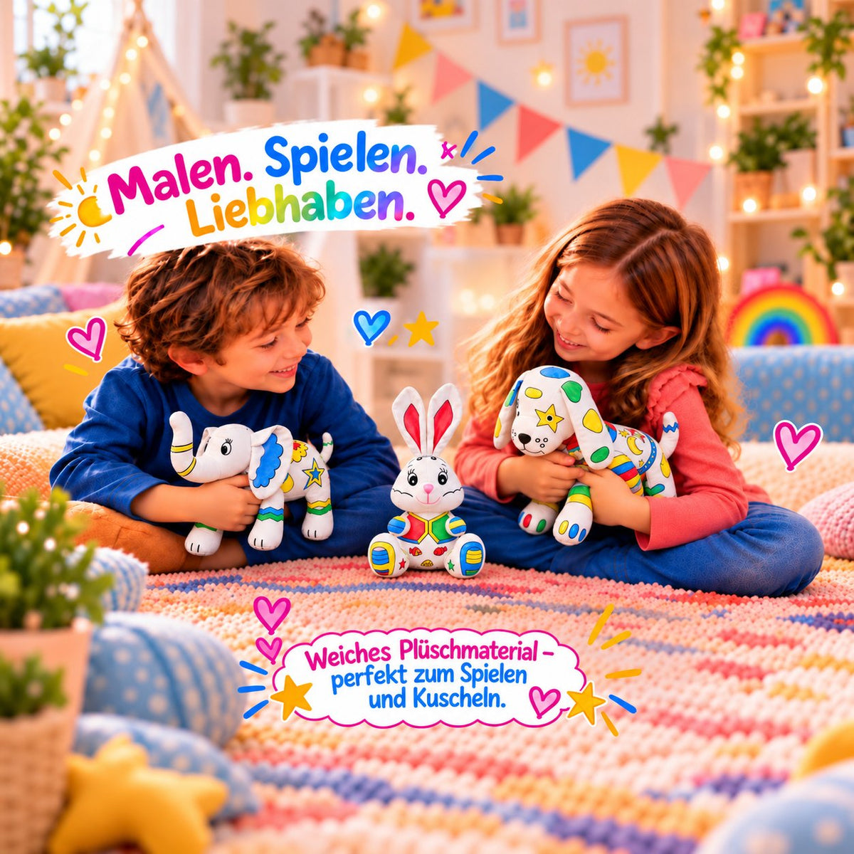 Zwei Kinder halten und kuscheln mit ihren bemalten Kuscheltieren: Hase, Hund und Elefant