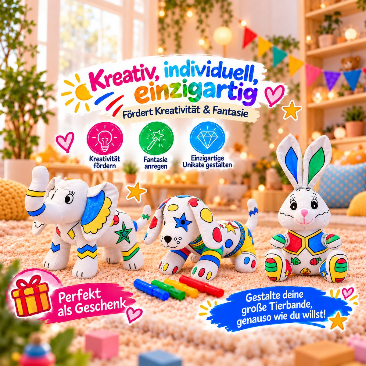 Bunt bemalte Kuscheltiere Hase, Hund und Elefant mit Filzstiften, Hinweise auf Kreativität, Fantasie und Geschenkidee