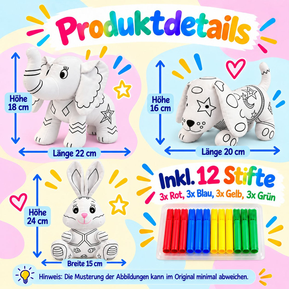 Produktdetails mit Größenangaben der Kuscheltiere Hase, Hund und Elefant, inklusive 12 Filzstiften in Rot, Blau, Gelb und Grün