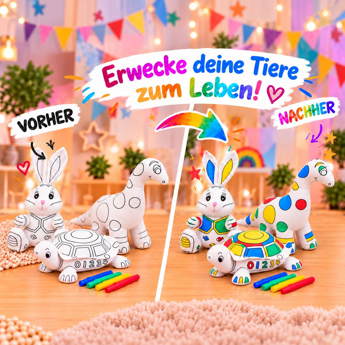Vorher-Nachher: unbemalte und bunt bemalte Kuscheltiere Dinosaurier, Hase und Schildkröte