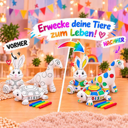 Vorher-Nachher: unbemalte und bunt bemalte Kuscheltiere Dinosaurier, Hase und Schildkröte