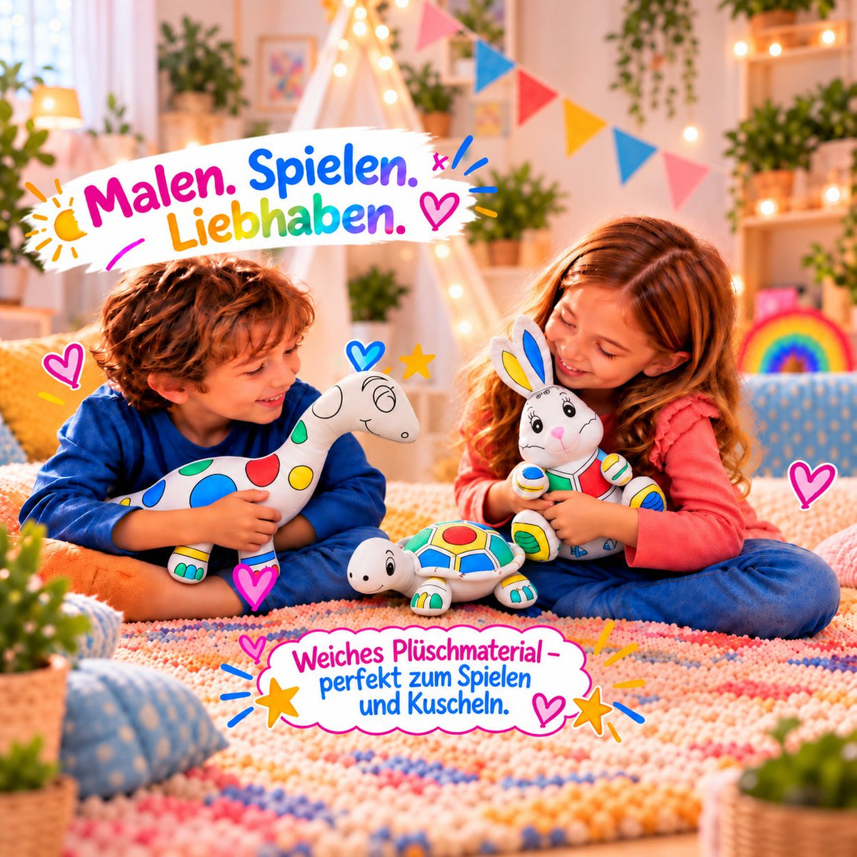 Zwei Kinder halten und kuscheln mit ihren bemalten Kuscheltieren: Dinosaurier, Hase und Schildkröte