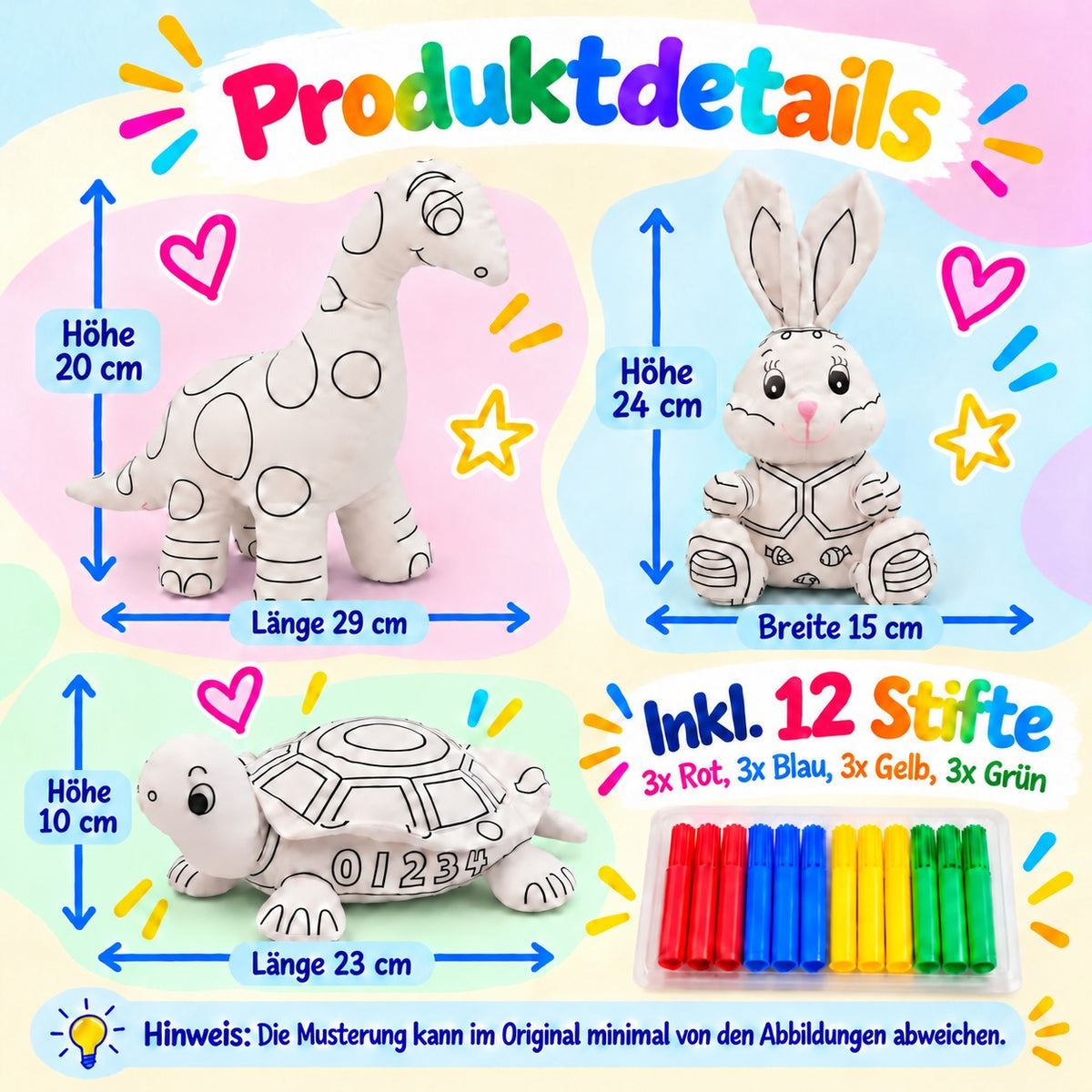 Produktdetails mit Größenangaben der Kuscheltiere Dinosaurier, Hase und Schildkröte, inklusive 12 Filzstiften in Rot, Blau, Gelb und Grün