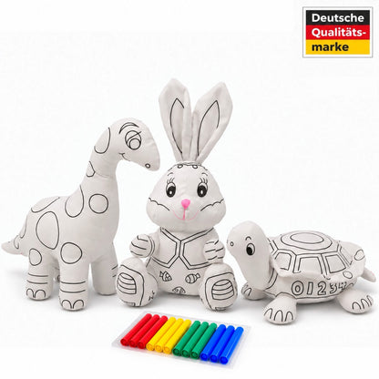 Unbemalte weiße Kuscheltiere zum Bemalen: Dinosaurier, Hase und Schildkröte mit 12 Filzstiften, Siegel „Deutsche Qualitätsmarke“