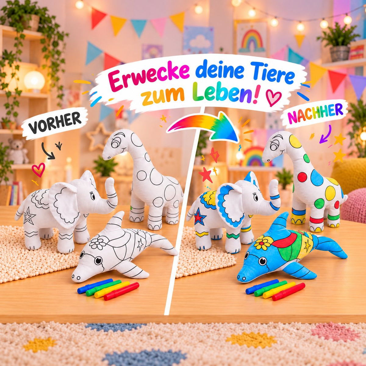 Vorher-Nachher: unbemalte und bunt bemalte Kuscheltiere Delphin, Elefant und Dinosaurier