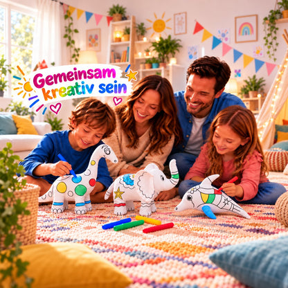 Familie malt gemeinsam Kuscheltiere an: Delphin, Elefant und Dinosaurier und bunte Filzstifte