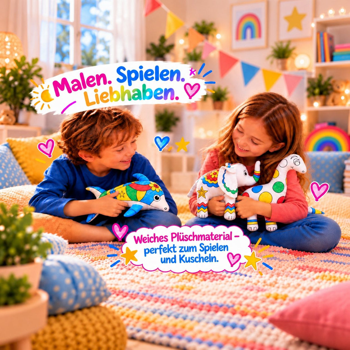 Zwei Kinder halten und kuscheln mit ihren bemalten Kuscheltieren: Delphin, Elefant und Dinosaurier