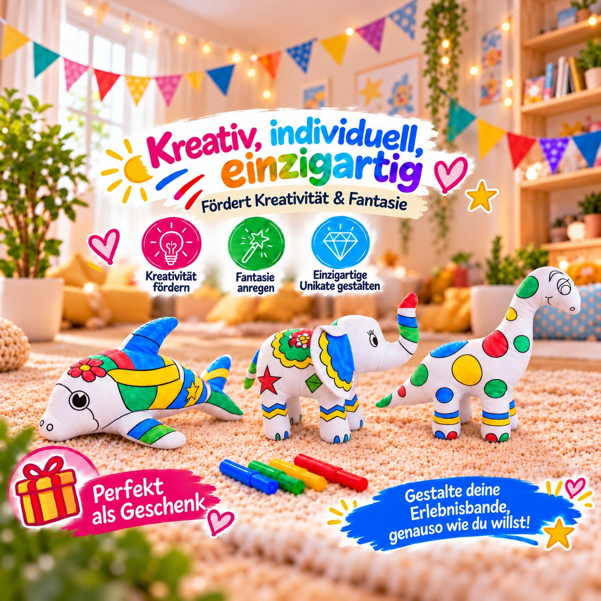 Bunt bemalte Kuscheltiere Delphin, Elefant und Dinosaurier mit Filzstiften, Hinweise auf Kreativität, Fantasie und Geschenkidee