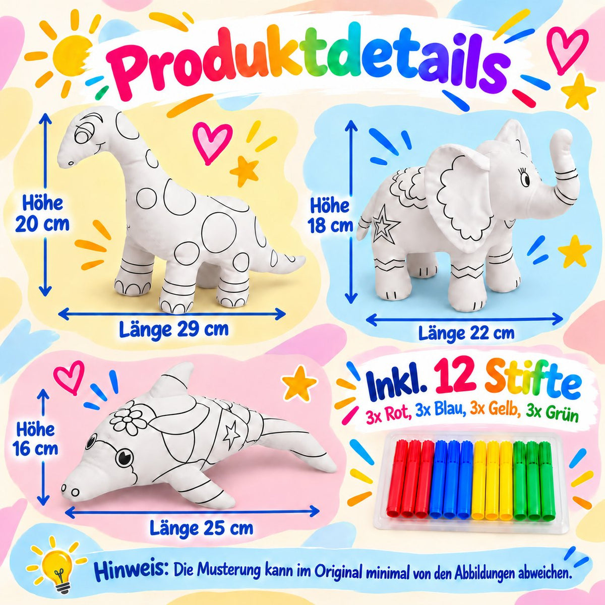 Produktdetails mit Größenangaben der Kuscheltiere Delphin, Elefant und Dinosaurier, inklusive 12 Filzstiften in Rot, Blau, Gelb und Grün