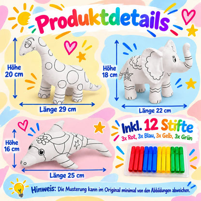Produktdetails mit Größenangaben der Kuscheltiere Delphin, Elefant und Dinosaurier, inklusive 12 Filzstiften in Rot, Blau, Gelb und Grün