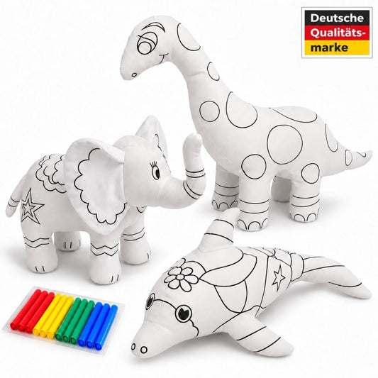 Unbemalte weiße Kuscheltiere zum Bemalen: Delphin, Elefant und Dinosaurier mit 12 Filzstiften, Siegel „Deutsche Qualitätsmarke“