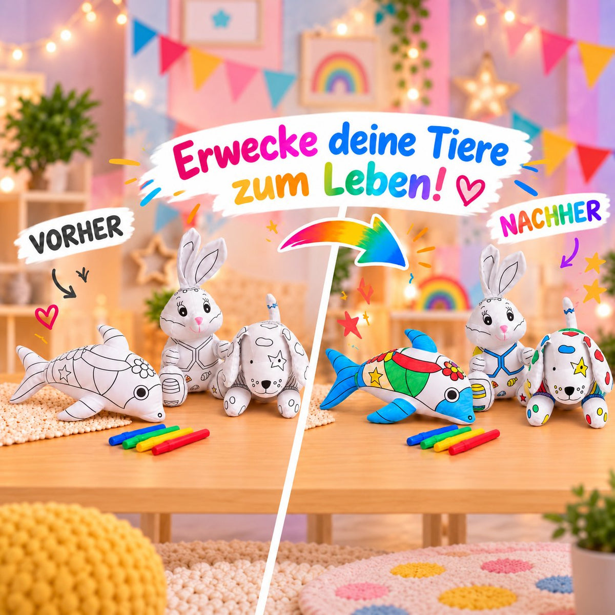 Vorher-Nachher: unbemalte und bunt bemalte Kuscheltiere Delphin, Hund und Hase