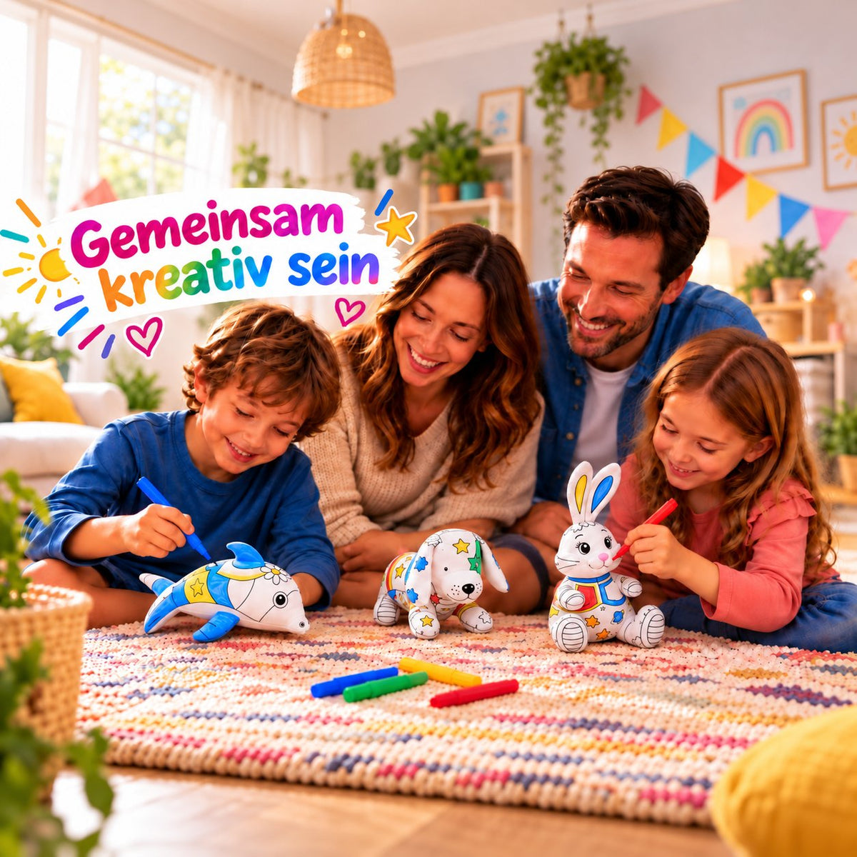 Familie malt gemeinsam Kuscheltiere an: Delphin, Hund und Hase und bunte Filzstifte