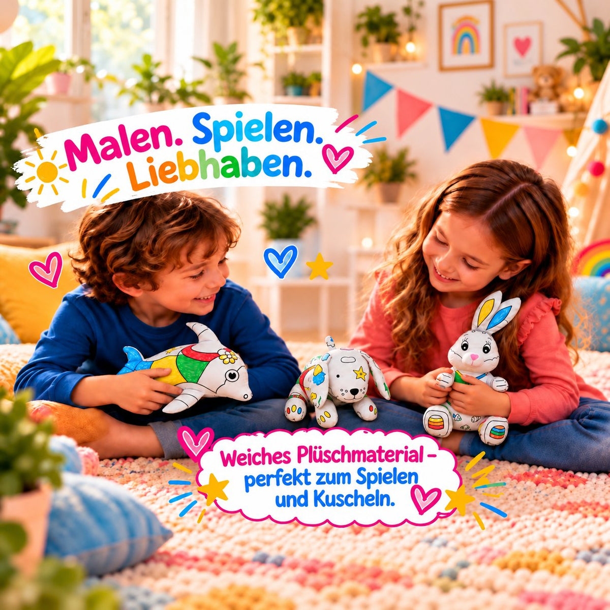 Zwei Kinder halten und kuscheln mit ihren bemalten Kuscheltieren: Delphin, Hund und Hase