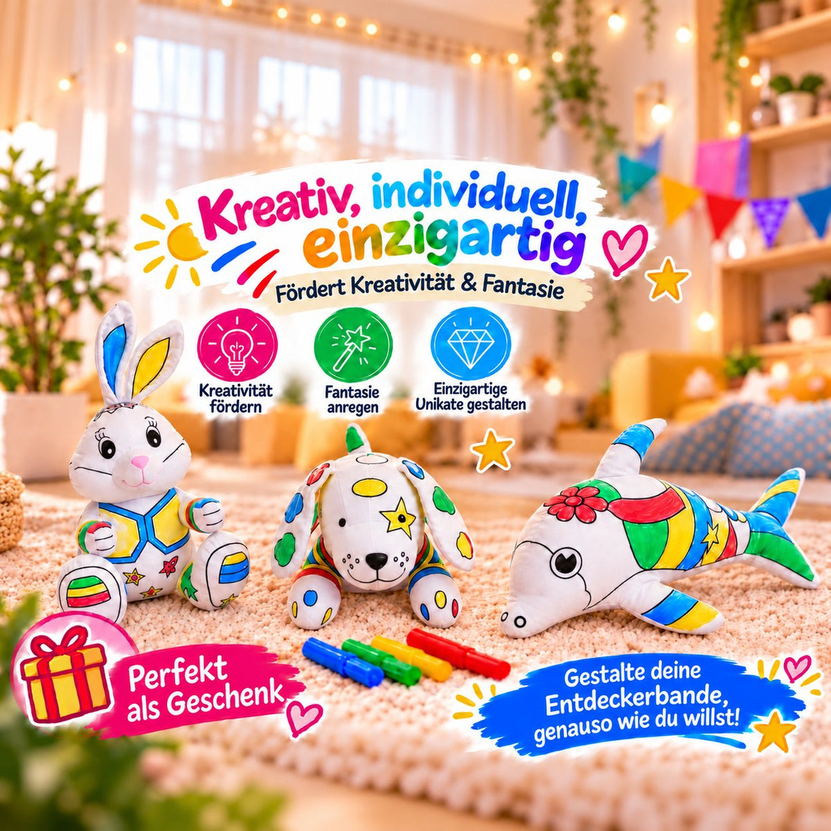Bunt bemalte Kuscheltiere Delphin, Hund und Hase mit Filzstiften, Hinweise auf Kreativität, Fantasie und Geschenkidee