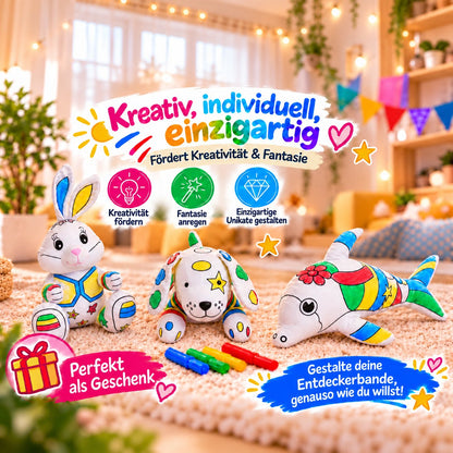 Bunt bemalte Kuscheltiere Delphin, Hund und Hase mit Filzstiften, Hinweise auf Kreativität, Fantasie und Geschenkidee