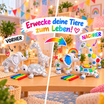 Vorher-Nachher: unbemalte und bunt bemalte Kuscheltiere Schildkröte, Elefant und Dinosaurier