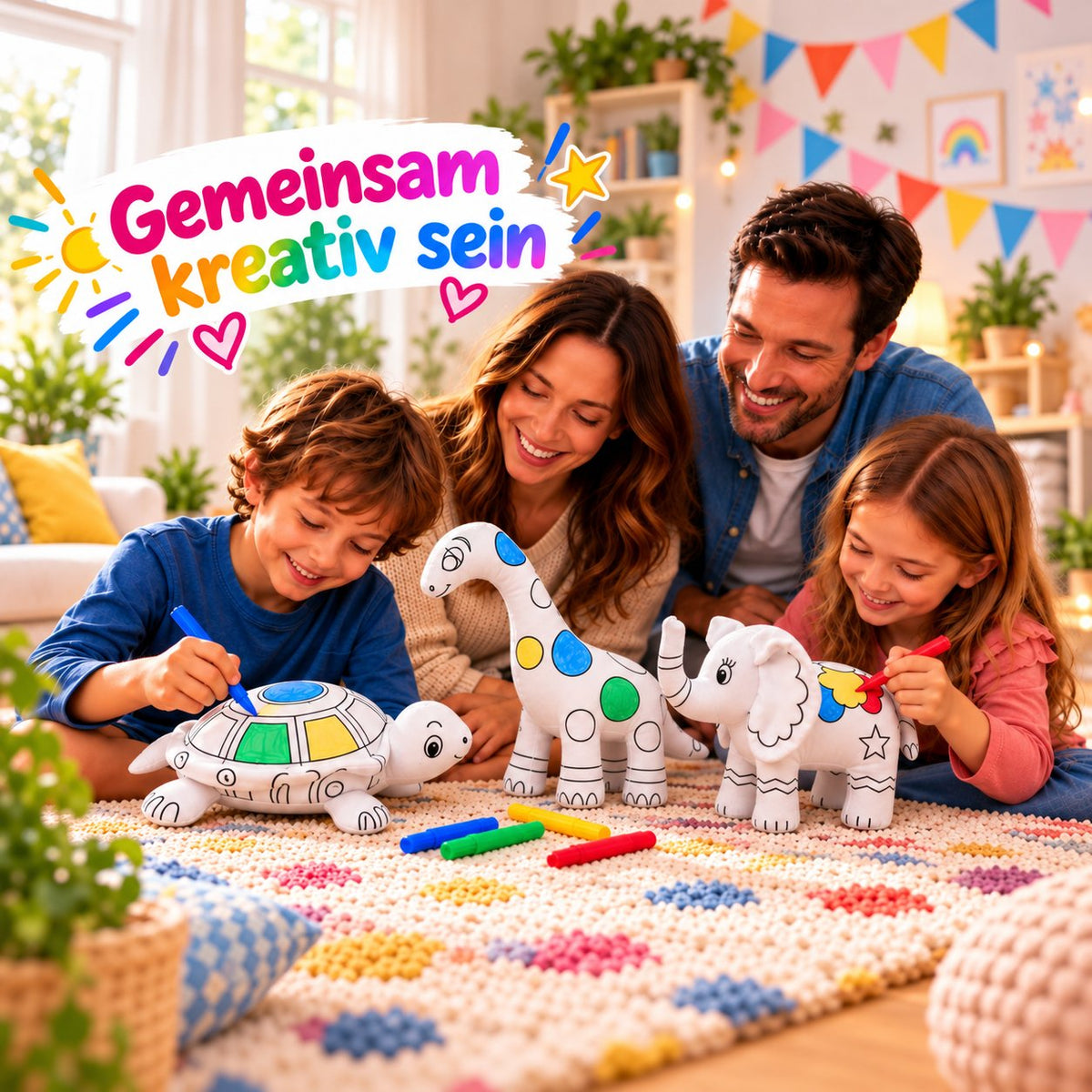 Familie malt gemeinsam Kuscheltiere an: Schildkröte, Elefant und Dinosaurier und bunte Filzstifte