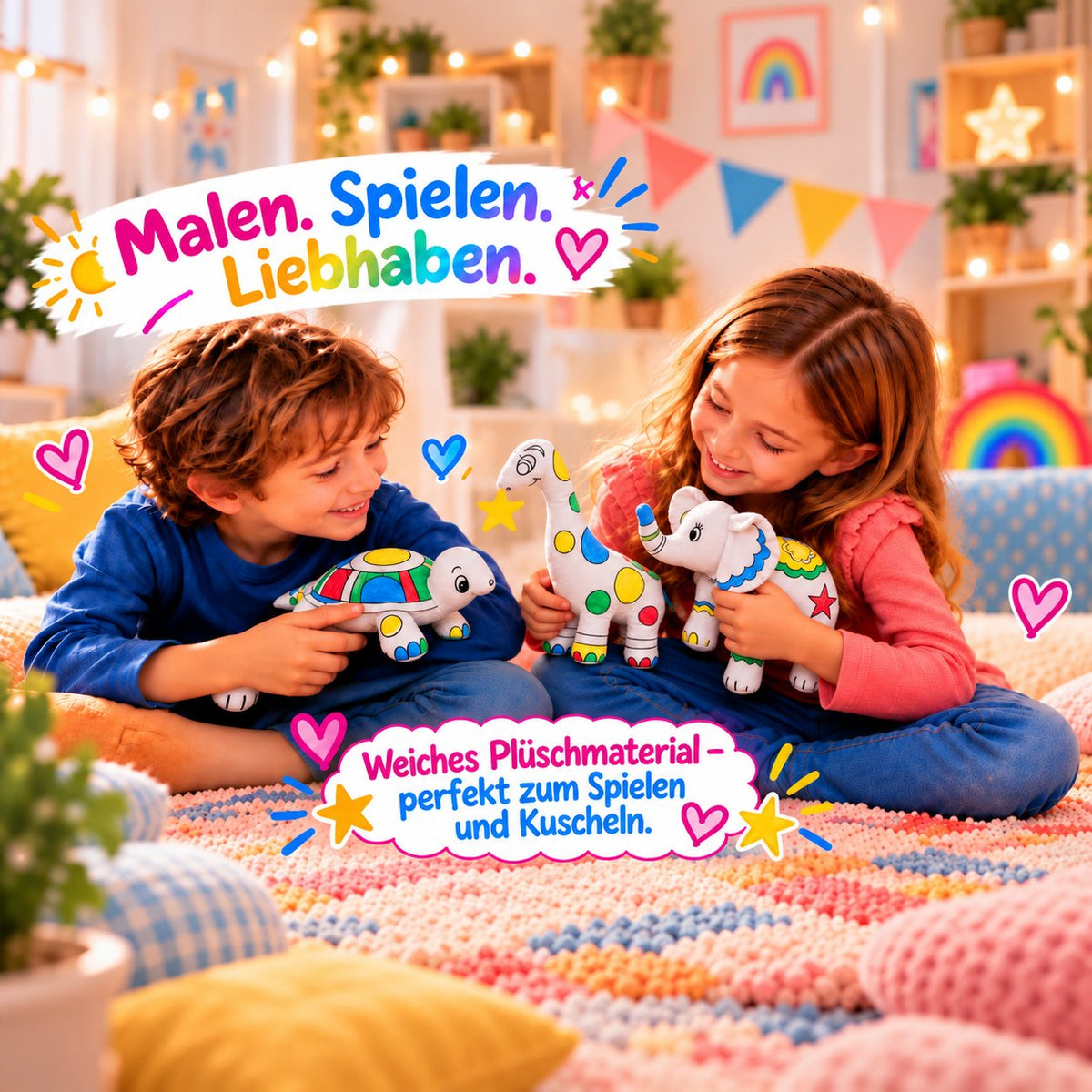 Zwei Kinder halten und kuscheln mit ihren bemalten Kuscheltieren: Schildkröte, Elefant und Dinosaurier
