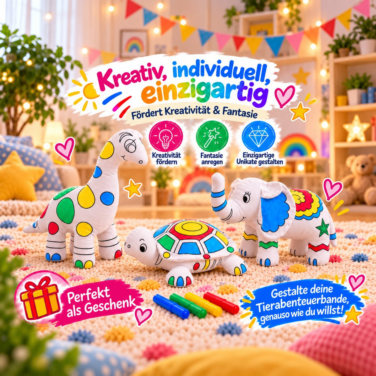 Bunt bemalte Kuscheltiere Schildkröte, Elefant und Dinosaurier mit Filzstiften, Hinweise auf Kreativität, Fantasie und Geschenkidee