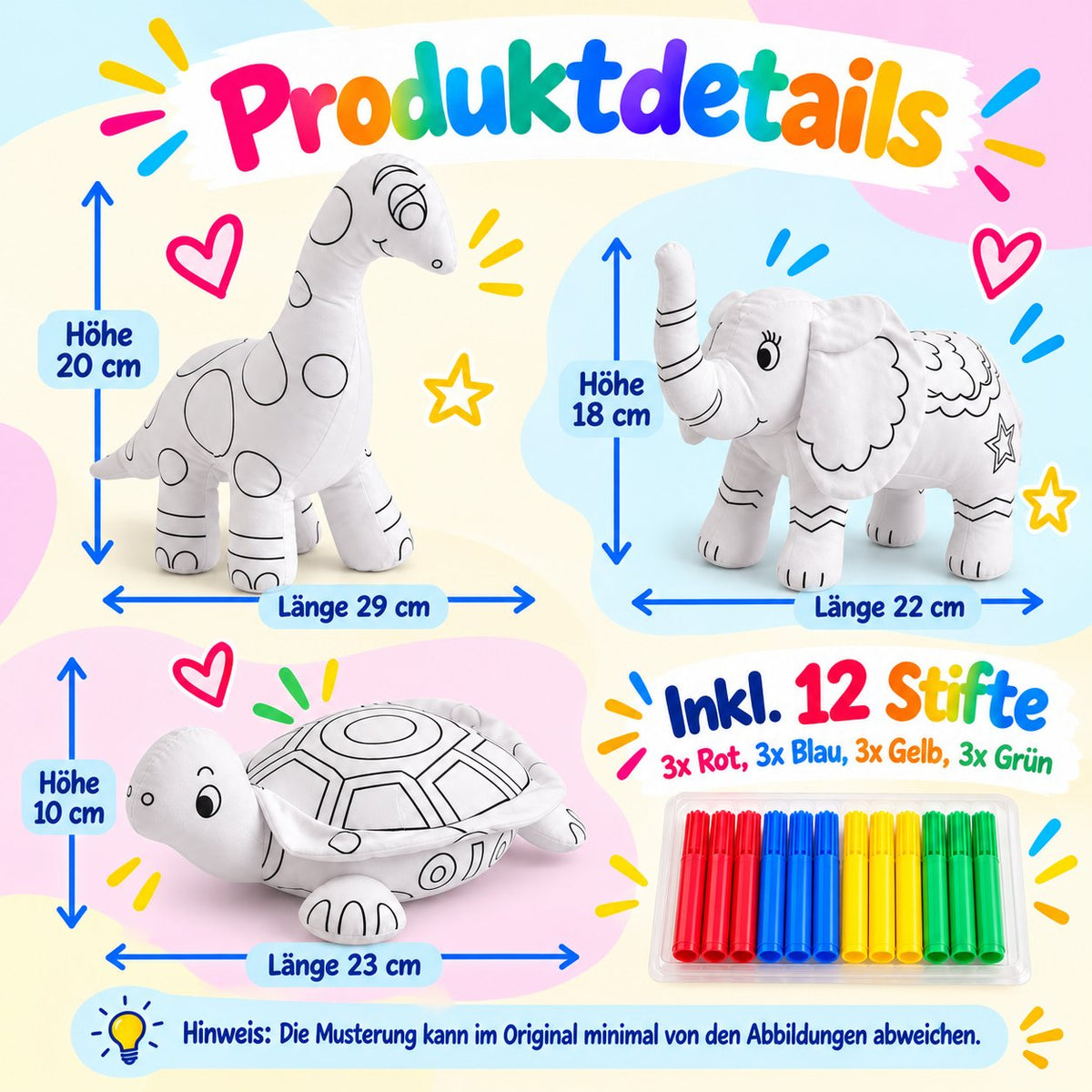 Produktdetails mit Größenangaben der Kuscheltiere Schildkröte, Elefant und Dinosaurier, inklusive 12 Filzstiften in Rot, Blau, Gelb und Grün